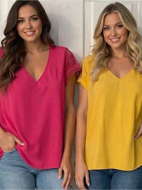 SHEIN Women’s V-Neck Short Sleeve Top - Pink and Yellow